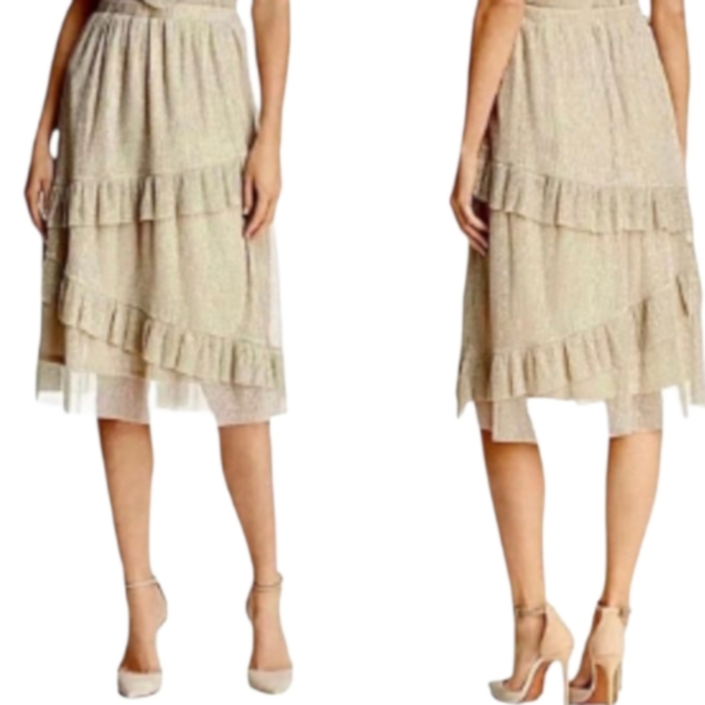 Anthropologie x June & Hudson Tiered‎ Ruffle Midi Skirt Metallic Gold XS NEW